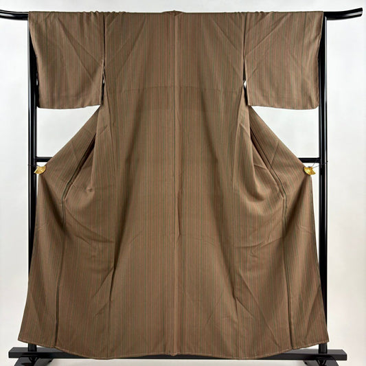 【美品】 小紋 身長158.5cm 袖長66.5cm M 雙層 縱條 疋田紋 茶 純蠶絲 優品級