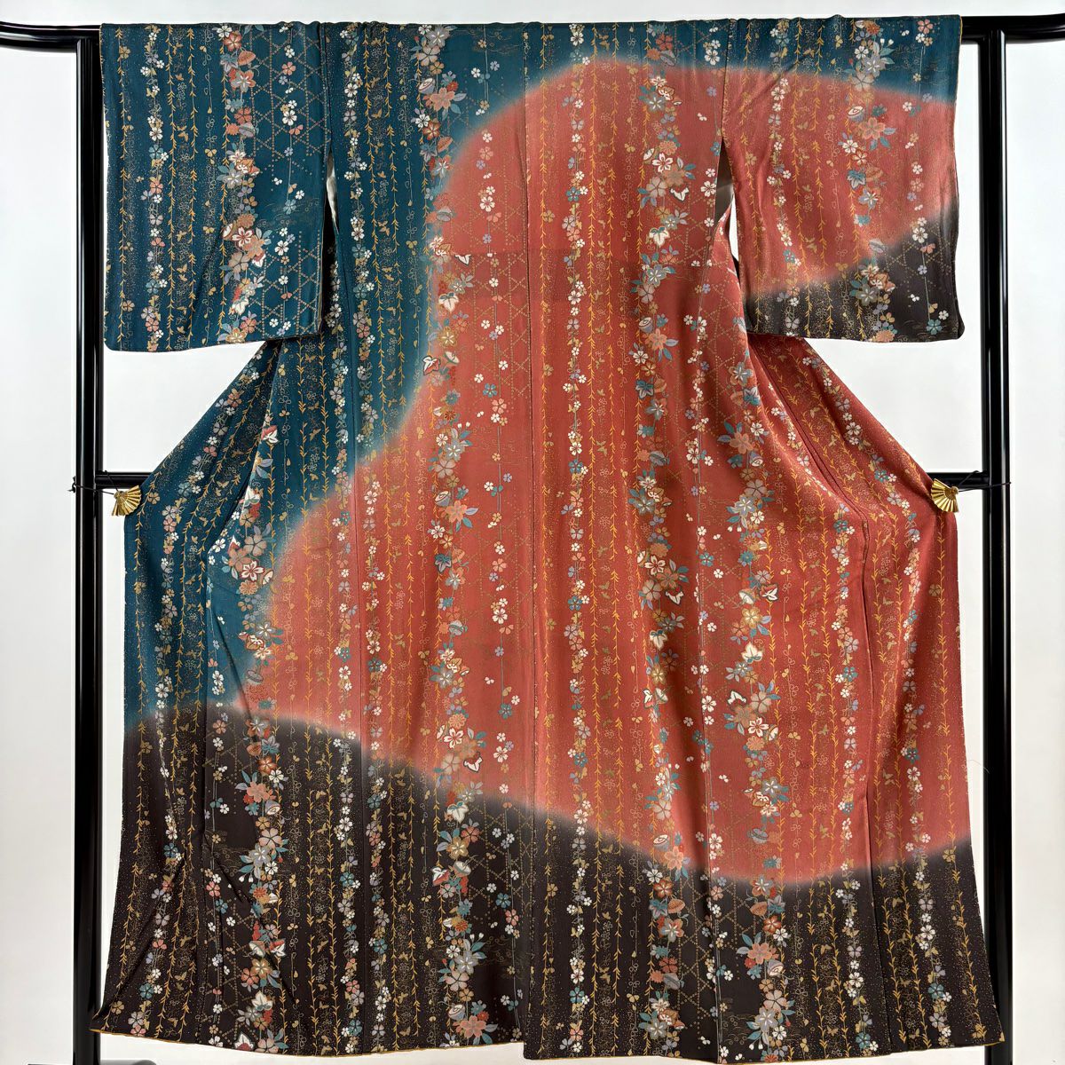 訪問服 身長151.5cm 袖長62cm S 雙層 櫻花 籠目 金銀彩 漸層 青綠 純蠶絲 優品級