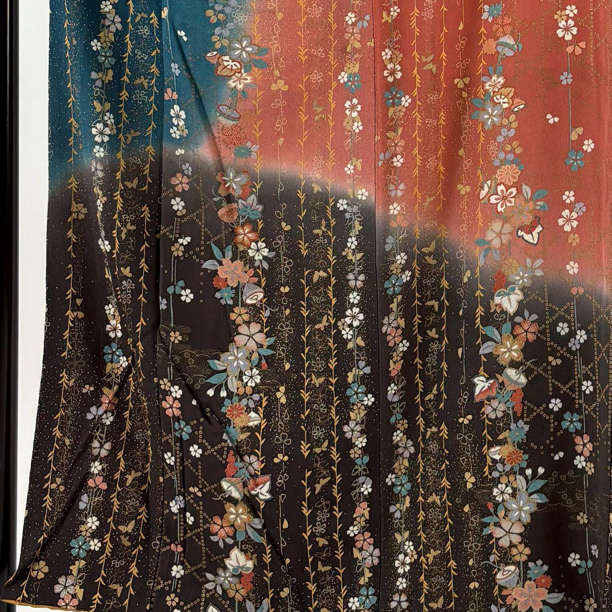 訪問服 身長151.5cm 袖長62cm S 雙層 櫻花 籠目 金銀彩 漸層 青綠 純蠶絲 優品級