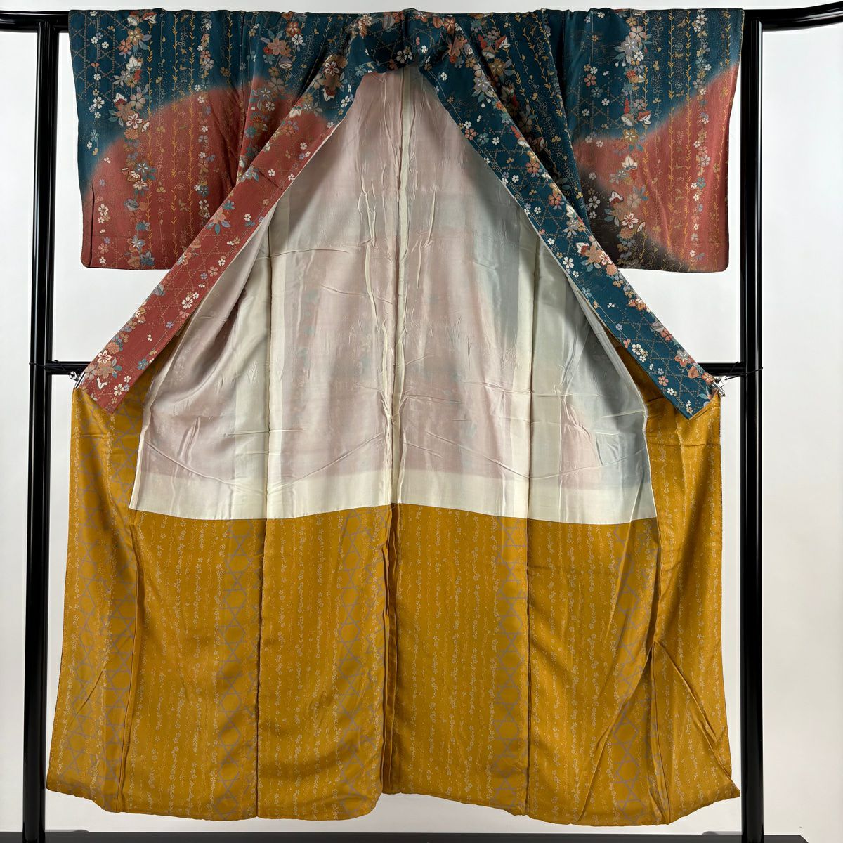 訪問服 身長151.5cm 袖長62cm S 雙層 櫻花 籠目 金銀彩 漸層 青綠 純蠶絲 優品級