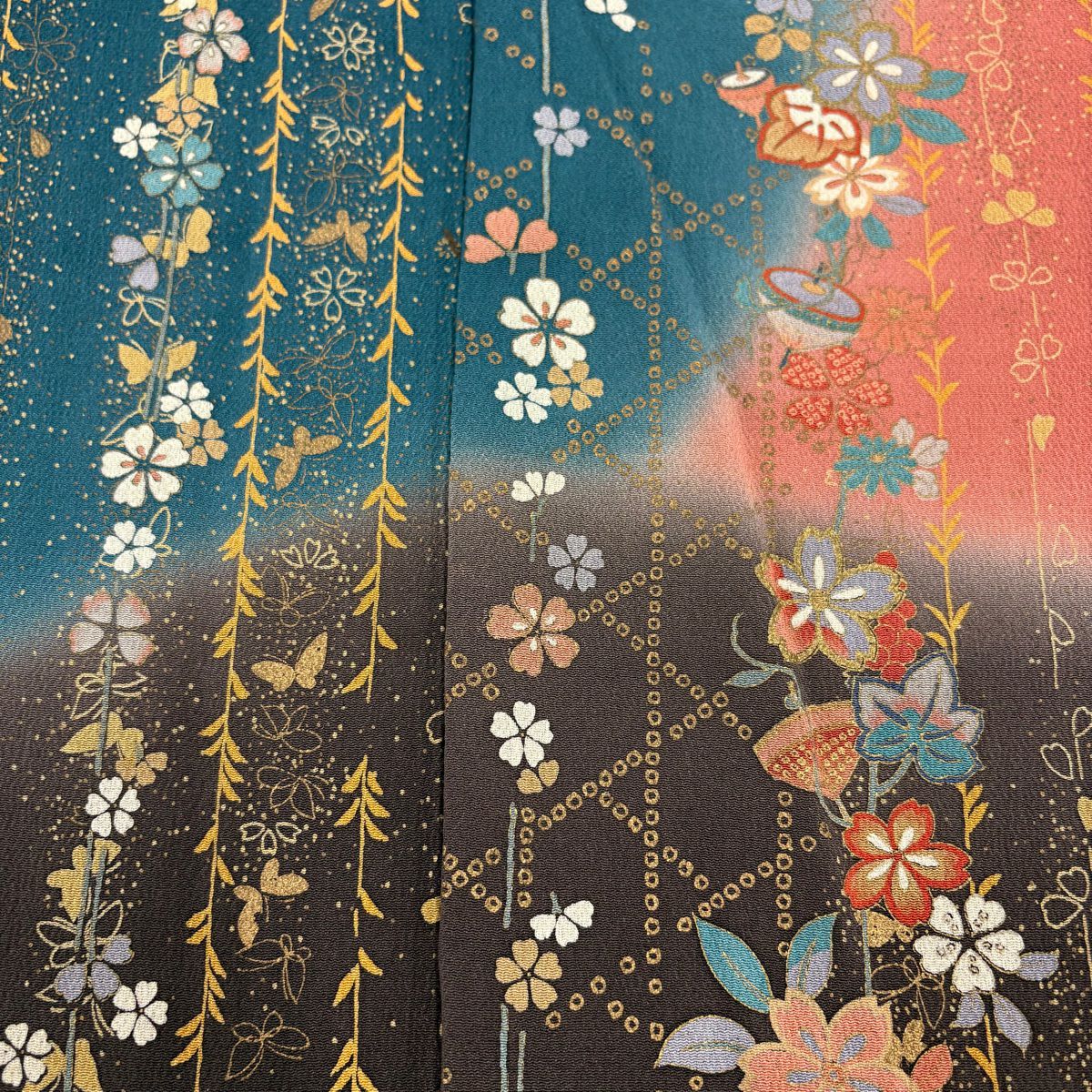 訪問服 身長151.5cm 袖長62cm S 雙層 櫻花 籠目 金銀彩 漸層 青綠 純蠶絲 優品級