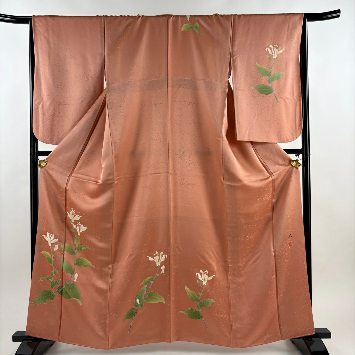 付下 身長162.5cm 袖長66cm M 雙層 落款 草花紋紋 鮭粉色 純蠶絲 優品級