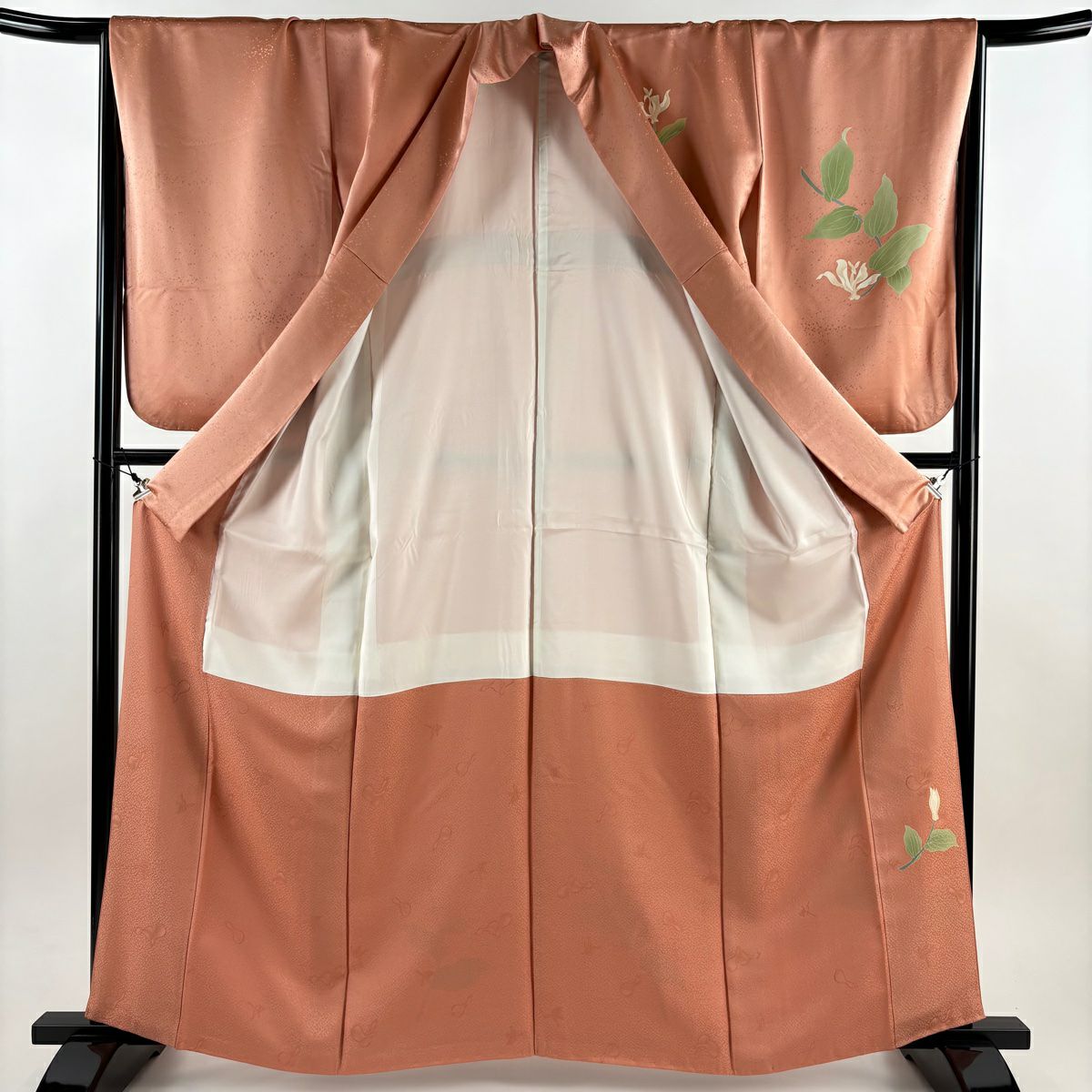 付下 身長162.5cm 袖長66cm M 雙層 落款 草花紋紋 鮭粉色 純蠶絲 優品級
