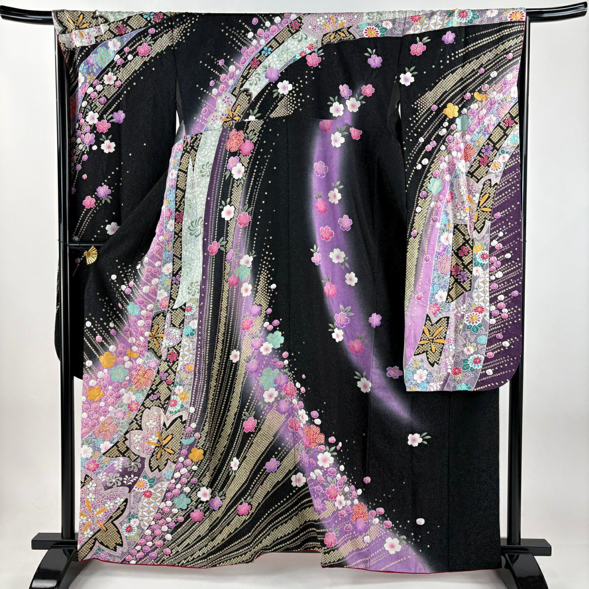 振袖禮服 身長161.5cm 袖長67.5cm L 雙層 梅花 櫻花 金銀彩 絞染 黑 純蠶絲 逸品級