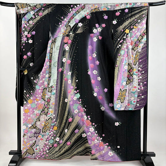 振袖禮服 身長161.5cm 袖長67.5cm L 雙層 梅花 櫻花 金銀彩 絞染 黑 純蠶絲 逸品級