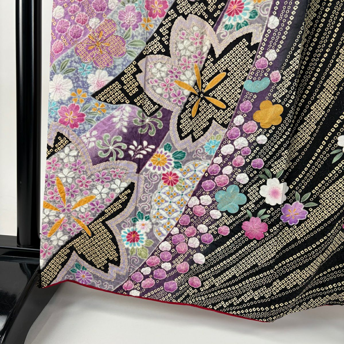 振袖禮服 身長161.5cm 袖長67.5cm L 雙層 梅花 櫻花 金銀彩 絞染 黑 純蠶絲 逸品級