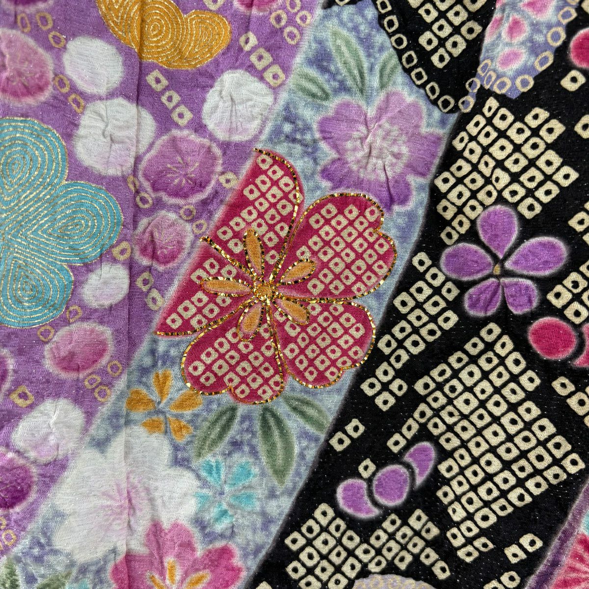 振袖禮服 身長161.5cm 袖長67.5cm L 雙層 梅花 櫻花 金銀彩 絞染 黑 純蠶絲 逸品級