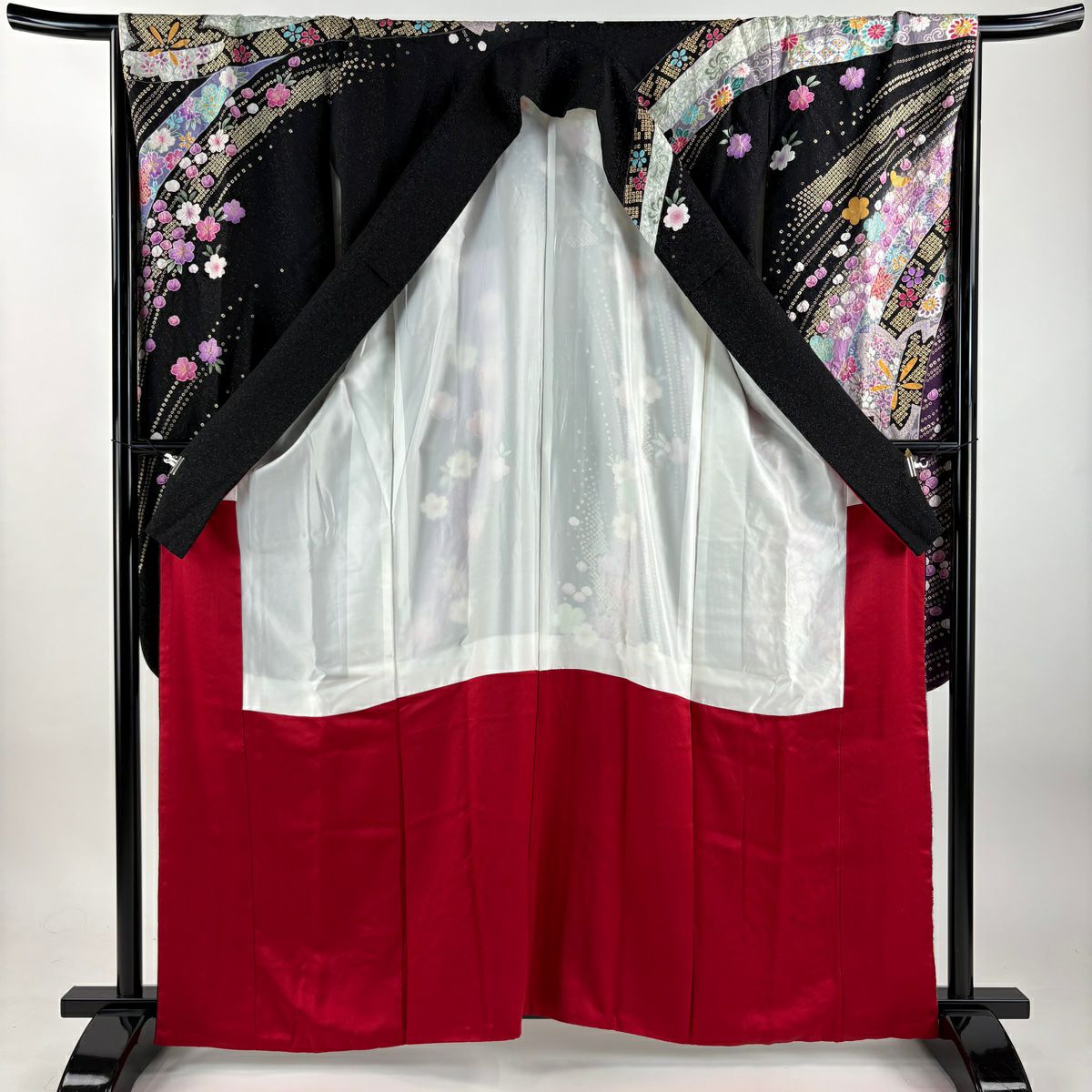 振袖禮服 身長161.5cm 袖長67.5cm L 雙層 梅花 櫻花 金銀彩 絞染 黑 純蠶絲 逸品級