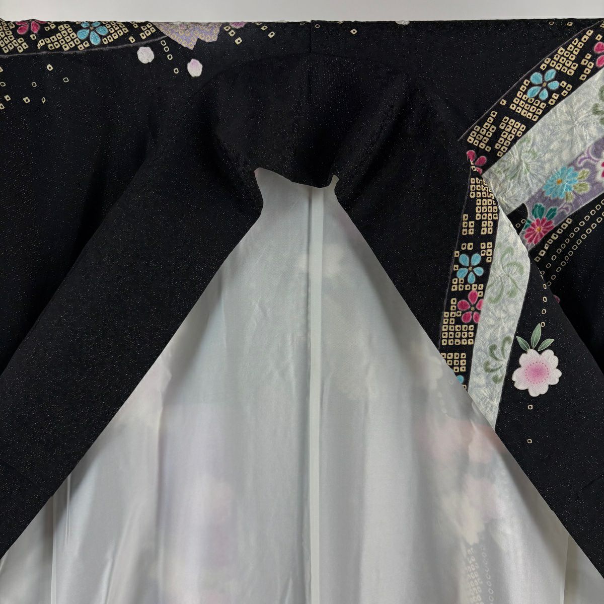 振袖禮服 身長161.5cm 袖長67.5cm L 雙層 梅花 櫻花 金銀彩 絞染 黑 純蠶絲 逸品級