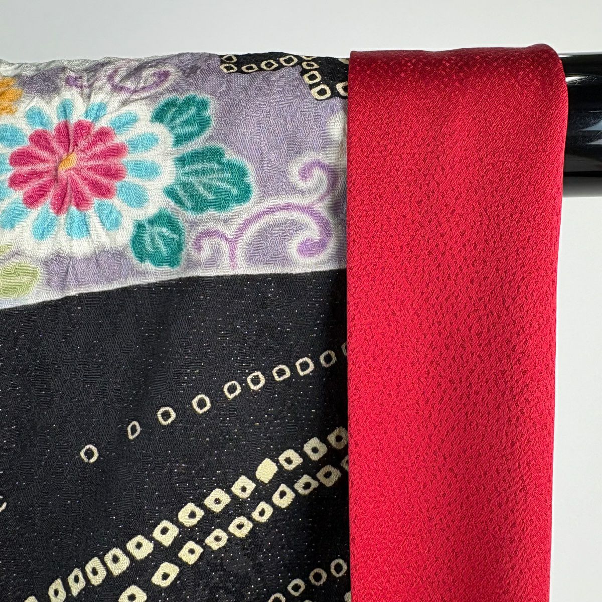 振袖禮服 身長161.5cm 袖長67.5cm L 雙層 梅花 櫻花 金銀彩 絞染 黑 純蠶絲 逸品級