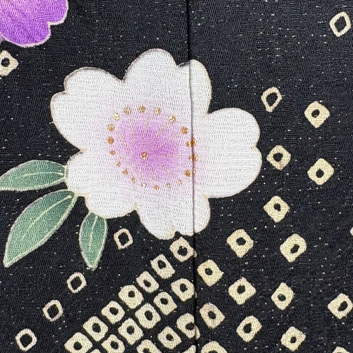 振袖禮服 身長161.5cm 袖長67.5cm L 雙層 梅花 櫻花 金銀彩 絞染 黑 純蠶絲 逸品級