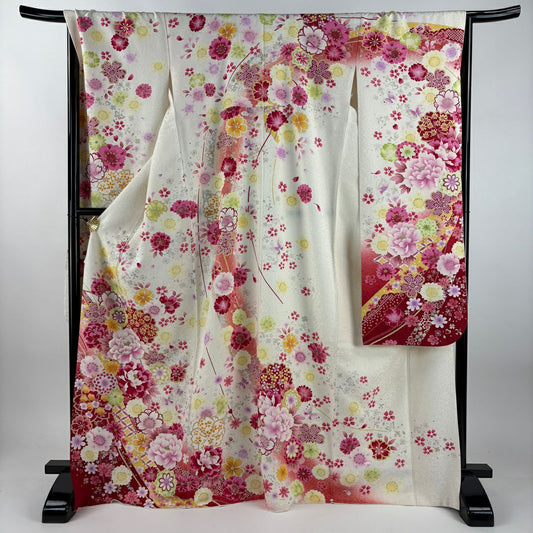 振袖禮服 身長169.5cm 袖長67.5cm L 雙層 牡丹 菊花 金銀彩 刺繡 奶油色 純蠶絲 逸品級