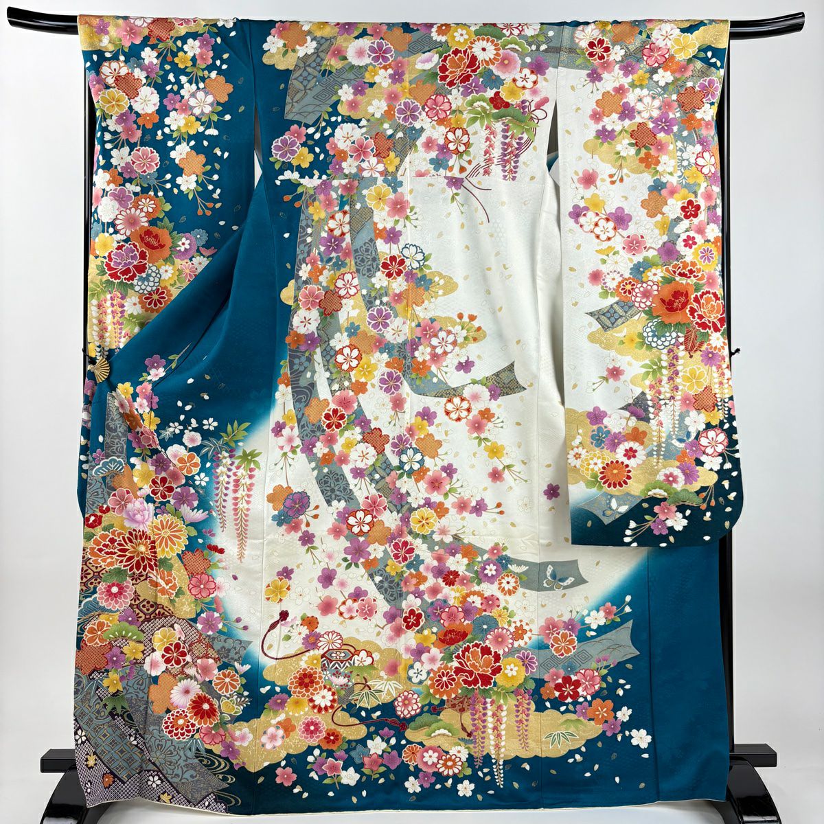 振袖禮服 身長169cm 袖長67cm M 雙層 菊花 短冊 金銀彩 刺繡 青綠 純蠶絲 逸品級