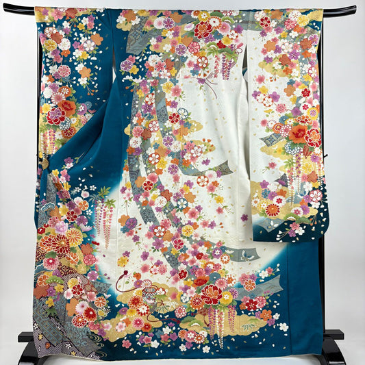 振袖禮服 身長169cm 袖長67cm M 雙層 菊花 短冊 金銀彩 刺繡 青綠 純蠶絲 逸品級