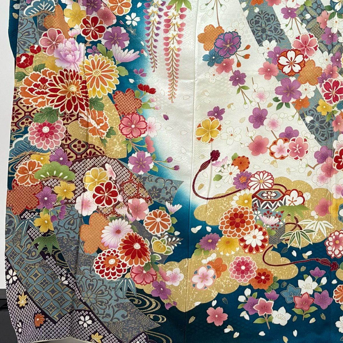 振袖禮服 身長169cm 袖長67cm M 雙層 菊花 短冊 金銀彩 刺繡 青綠 純蠶絲 逸品級