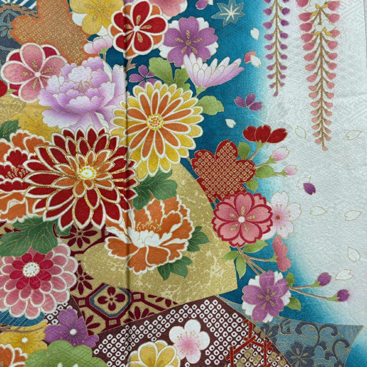 振袖禮服 身長169cm 袖長67cm M 雙層 菊花 短冊 金銀彩 刺繡 青綠 純蠶絲 逸品級