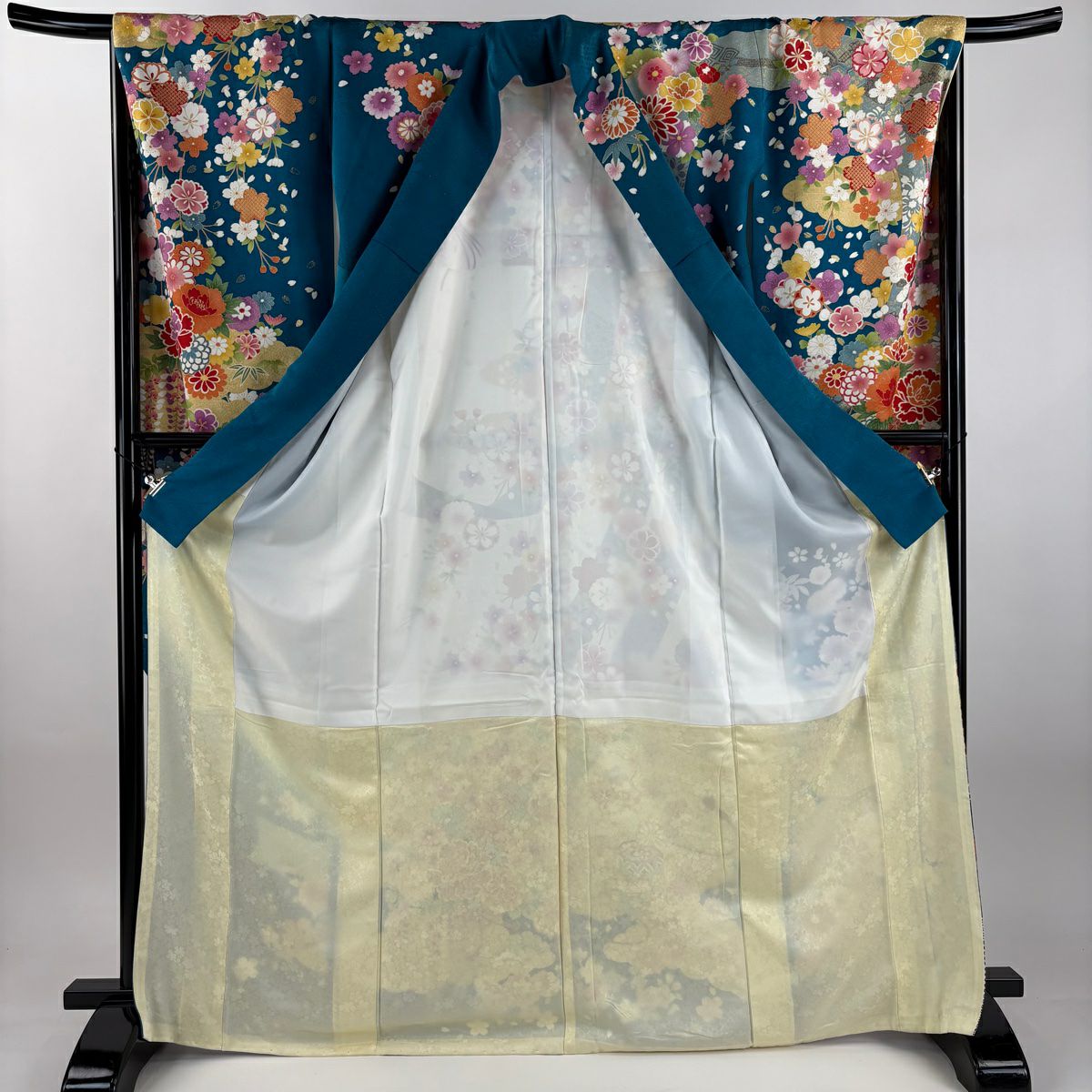 振袖禮服 身長169cm 袖長67cm M 雙層 菊花 短冊 金銀彩 刺繡 青綠 純蠶絲 逸品級