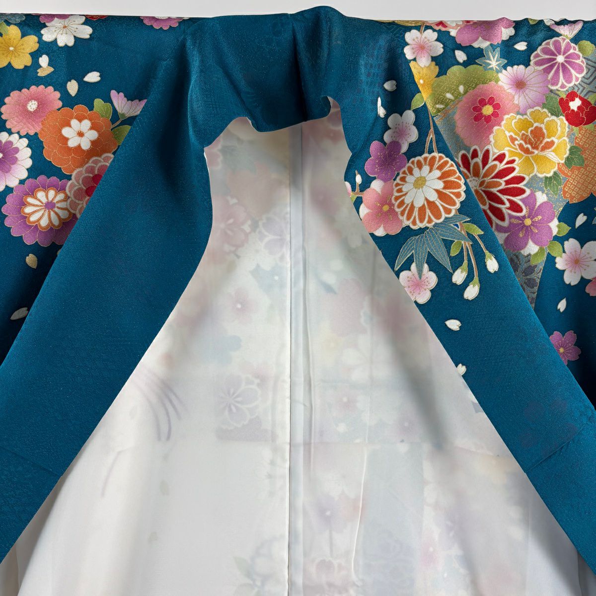 振袖禮服 身長169cm 袖長67cm M 雙層 菊花 短冊 金銀彩 刺繡 青綠 純蠶絲 逸品級