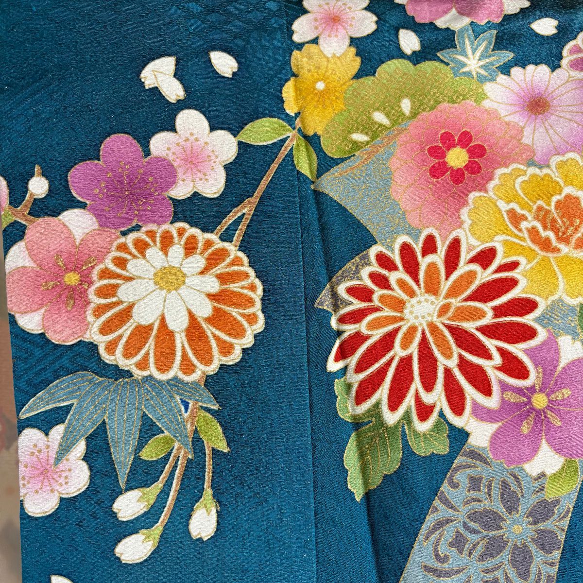 振袖禮服 身長169cm 袖長67cm M 雙層 菊花 短冊 金銀彩 刺繡 青綠 純蠶絲 逸品級