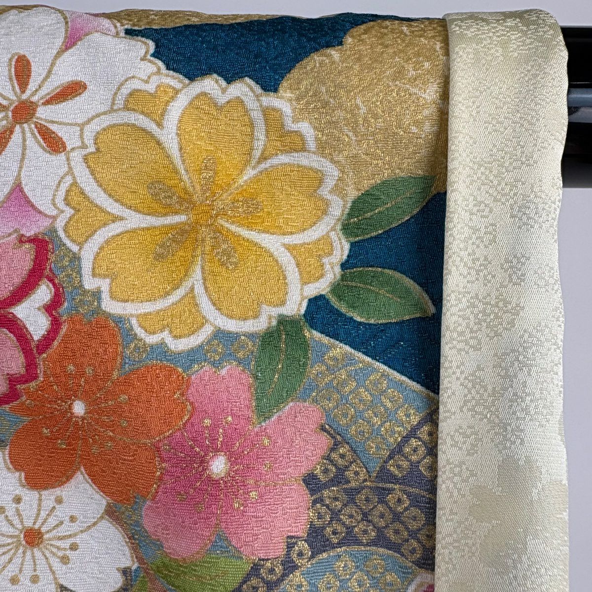 振袖禮服 身長169cm 袖長67cm M 雙層 菊花 短冊 金銀彩 刺繡 青綠 純蠶絲 逸品級