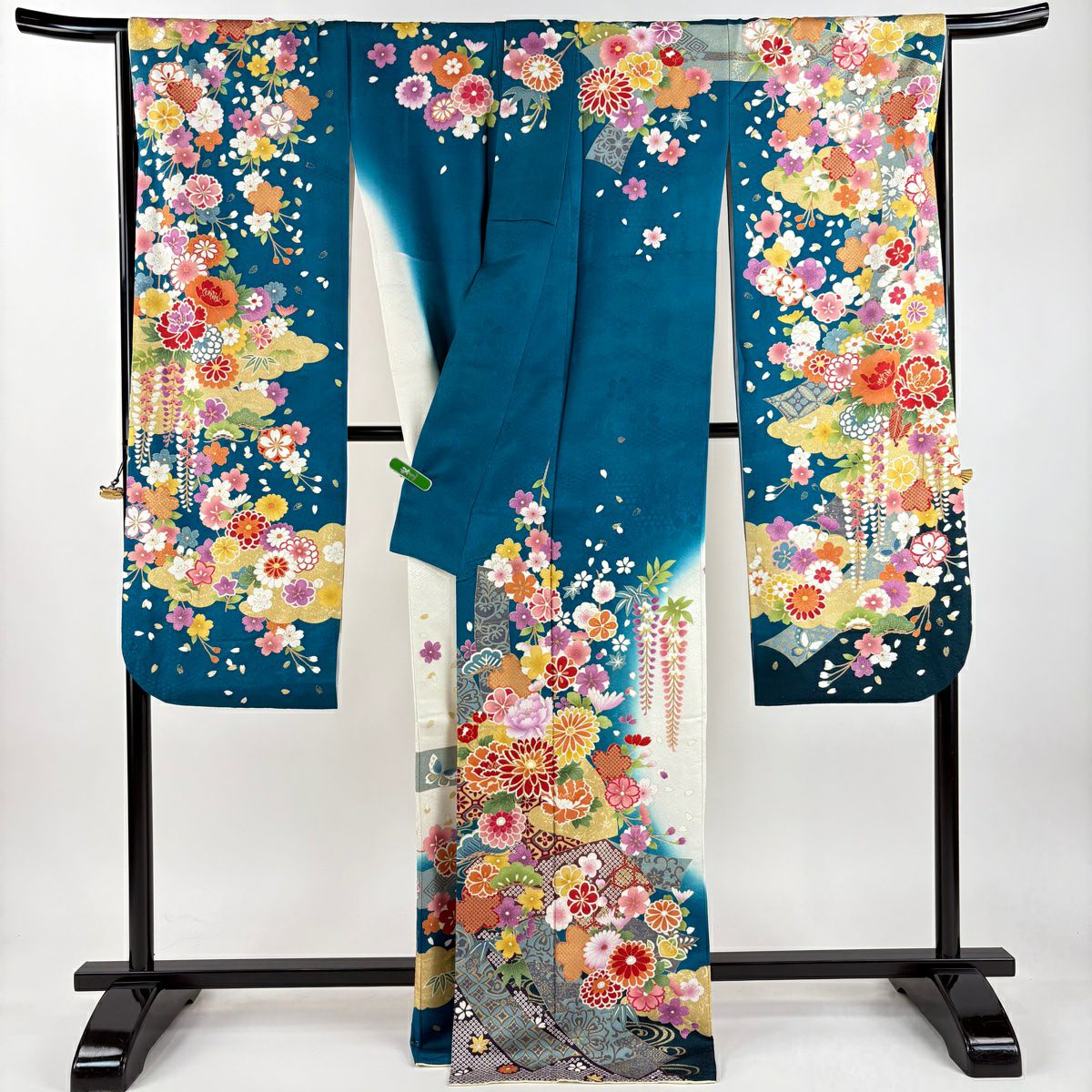 振袖禮服 身長169cm 袖長67cm M 雙層 菊花 短冊 金銀彩 刺繡 青綠 純蠶絲 逸品級
