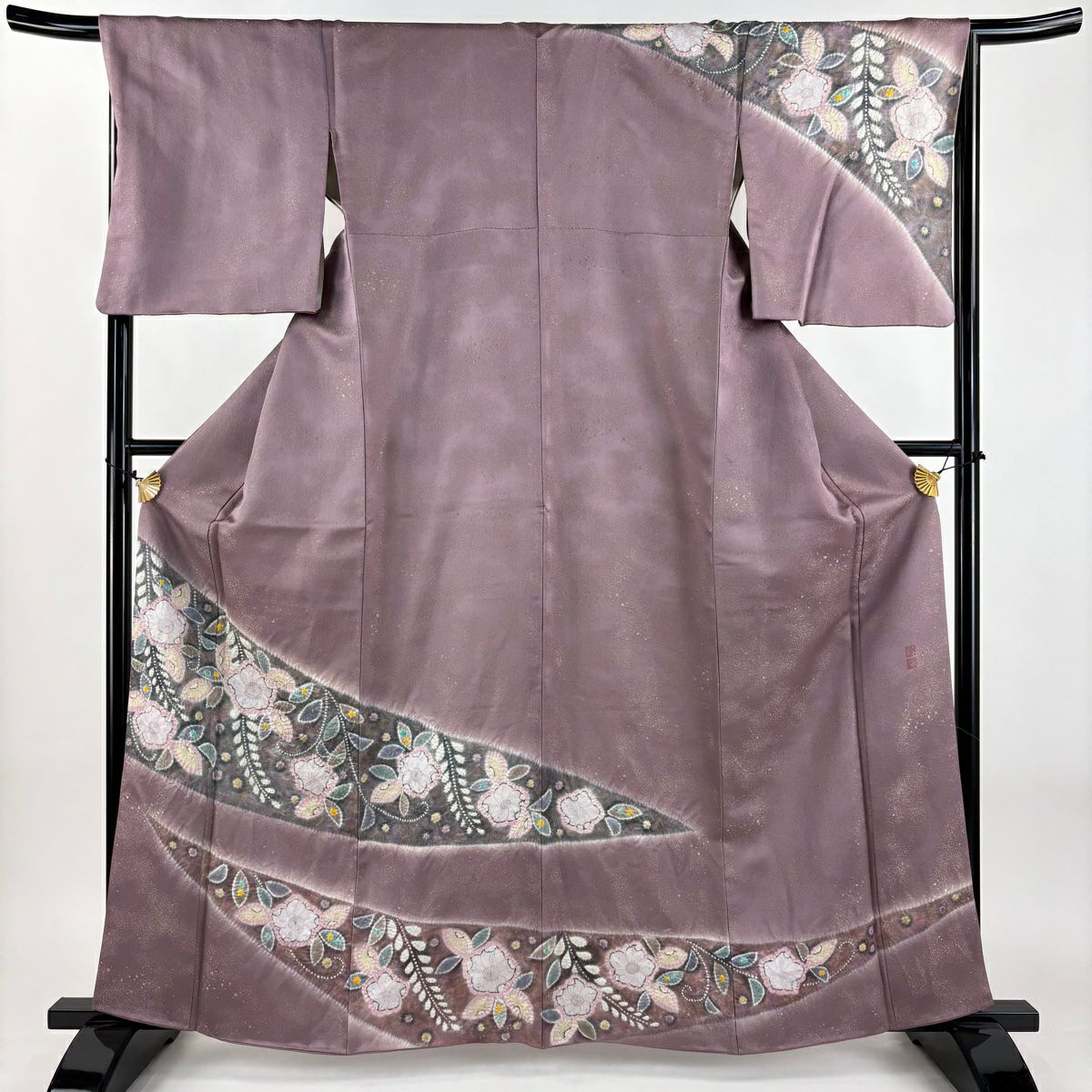 【美品】訪問服 身長162.5cm 袖長66.5cm M 雙層 落款あり 辻花染 金通し 絞染 灰紫 純蠶絲 逸品級