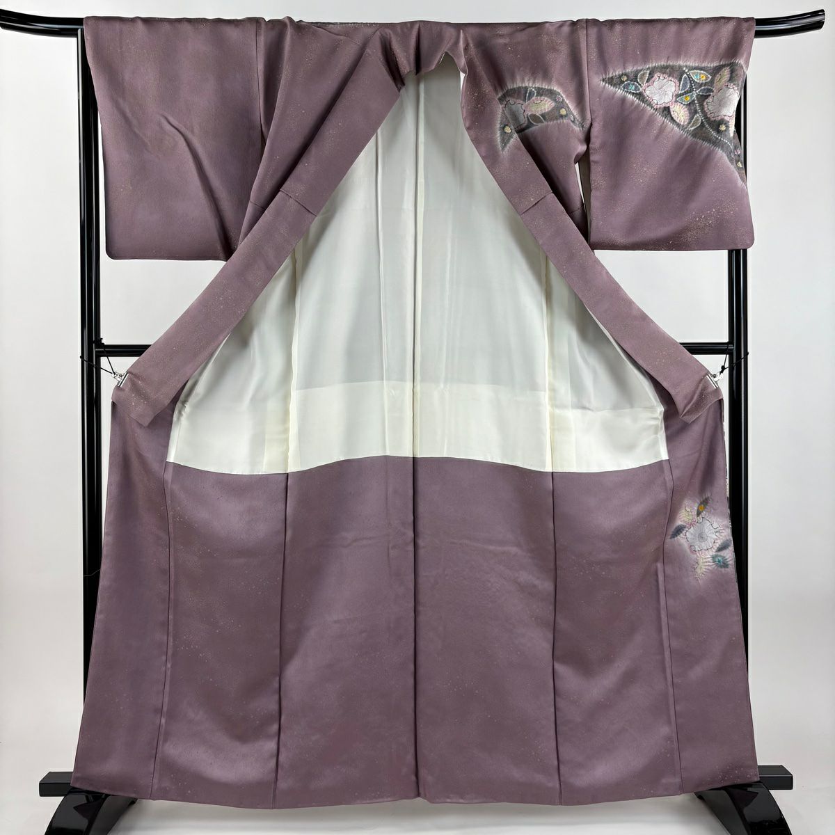 【美品】訪問服 身長162.5cm 袖長66.5cm M 雙層 落款あり 辻花染 金通し 絞染 灰紫 純蠶絲 逸品級