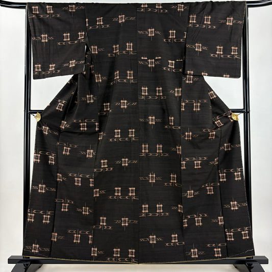 【美品】 紬織 身長159.5cm 袖長66.5cm M 雙層 井格絣 絣 焦茶 純蠶絲 逸品級