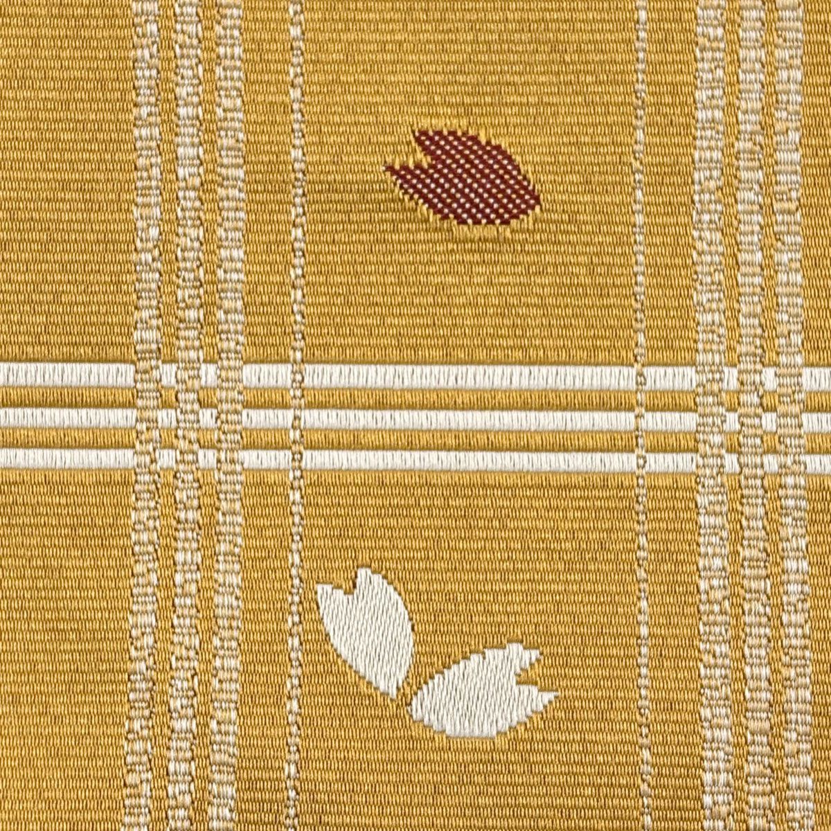 【美品】名古屋帶 優品級 八寸名古屋帶 格子 樱花花瓣 山吹茶 茶 化纖