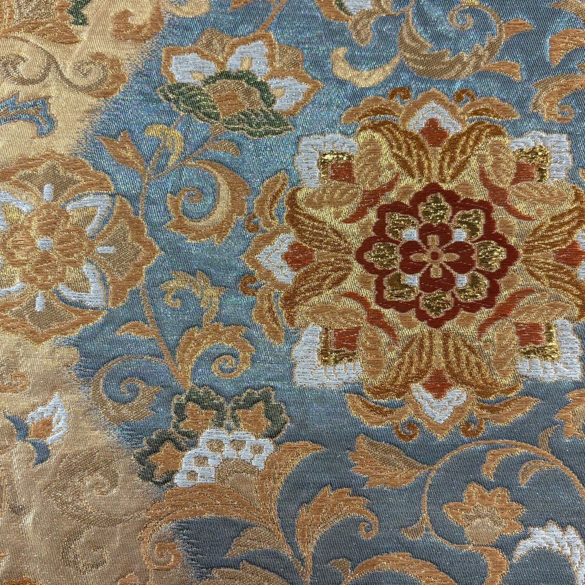 【美品】 袋帶 秀品級 華紋 草花紋 金糸 金金箔 青 六通 純蠶絲