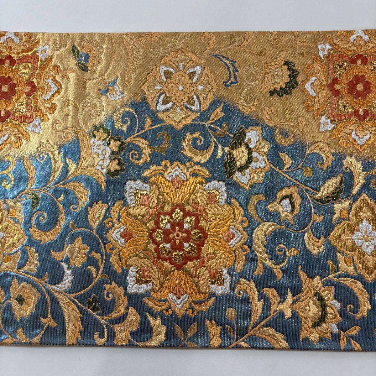 【美品】 袋帶 秀品級 華紋 草花紋 金糸 金金箔 青 六通 純蠶絲