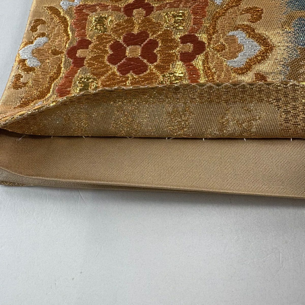 【美品】 袋帶 秀品級 華紋 草花紋 金糸 金金箔 青 六通 純蠶絲