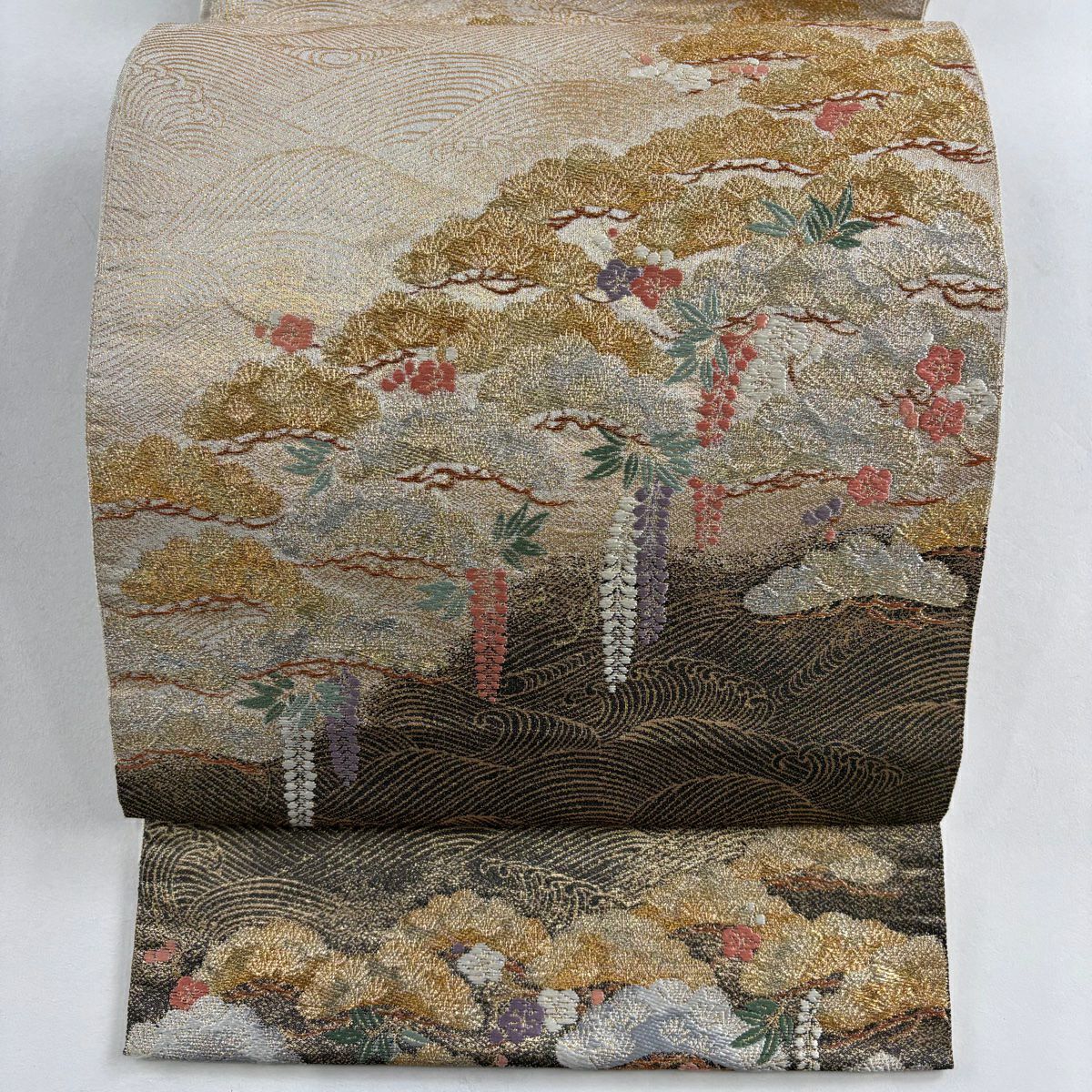袋帶 秀品級 松樹竹子梅花 波 金銀絲 金金箔 金色 六通 純蠶絲