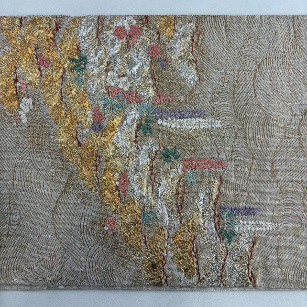 袋帶 秀品級 松樹竹子梅花 波 金銀絲 金金箔 金色 六通 純蠶絲