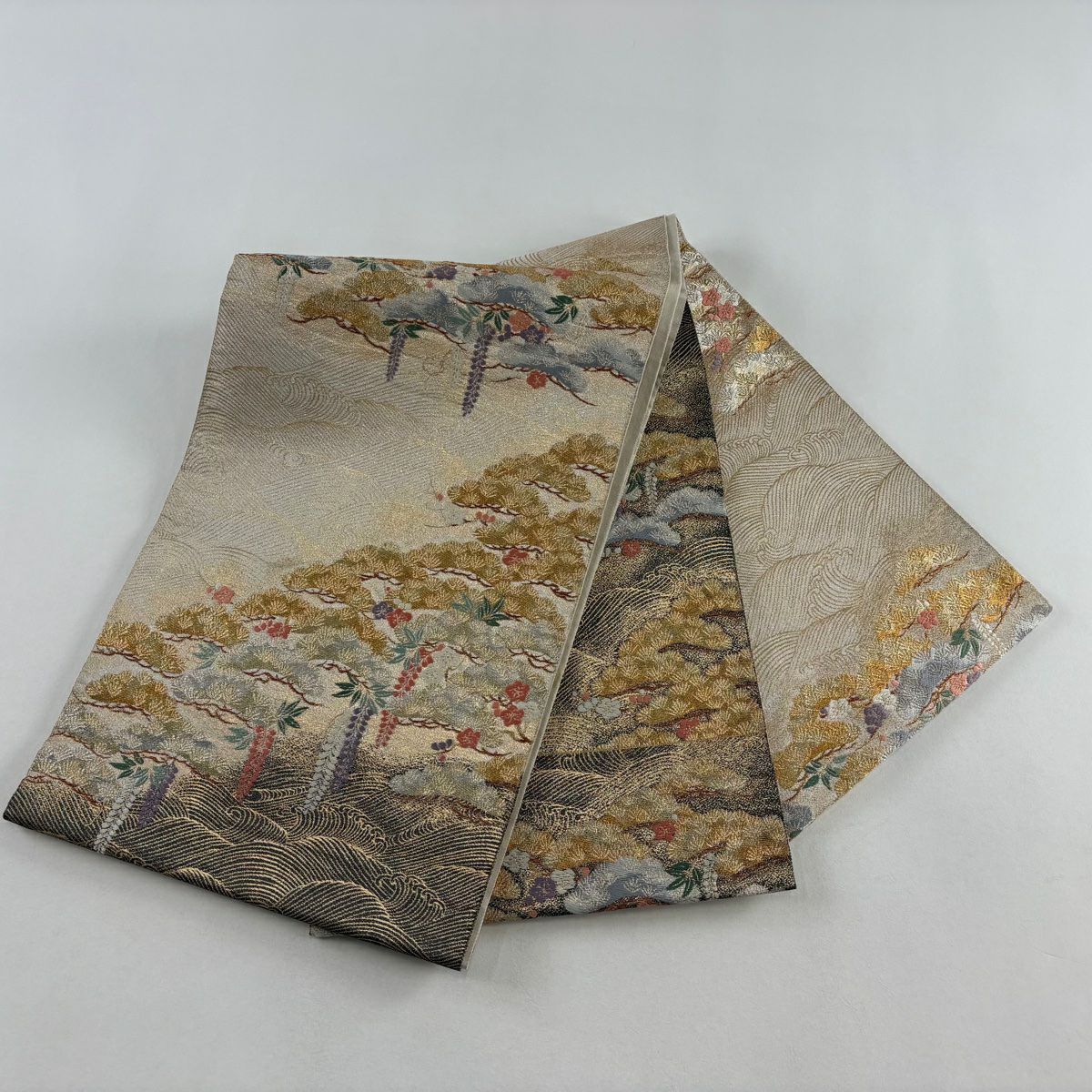 袋帶 秀品級 松樹竹子梅花 波 金銀絲 金金箔 金色 六通 純蠶絲