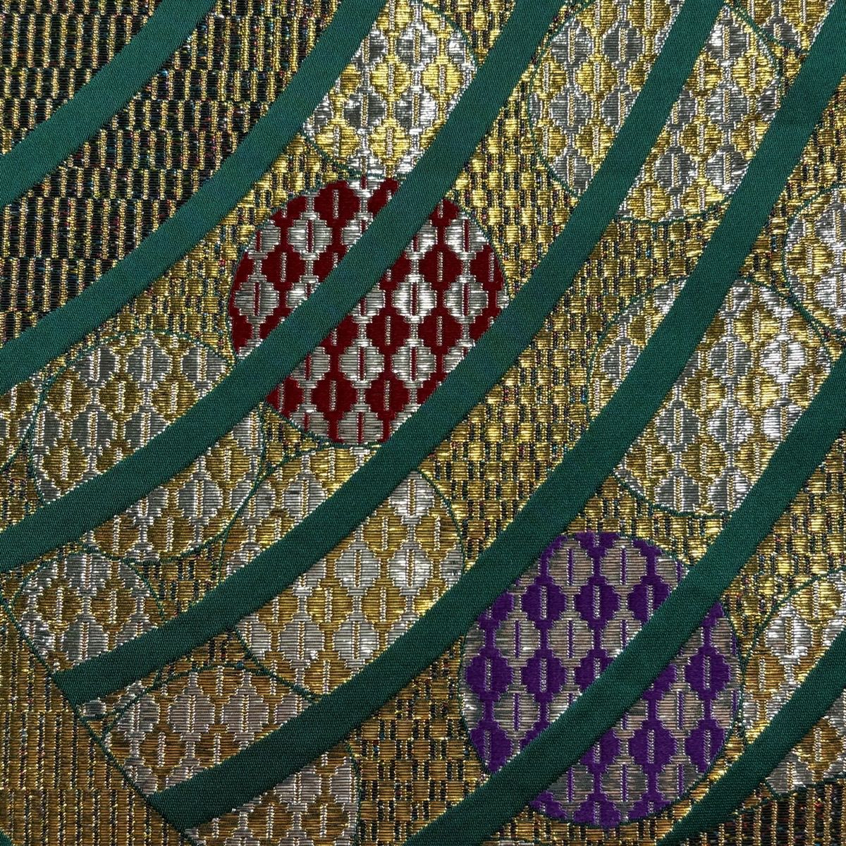 【美品】 袋帶 秀品級 振袖禮服禮服向き 幾何學 圓紋 金金箔 綠 六通 純蠶絲