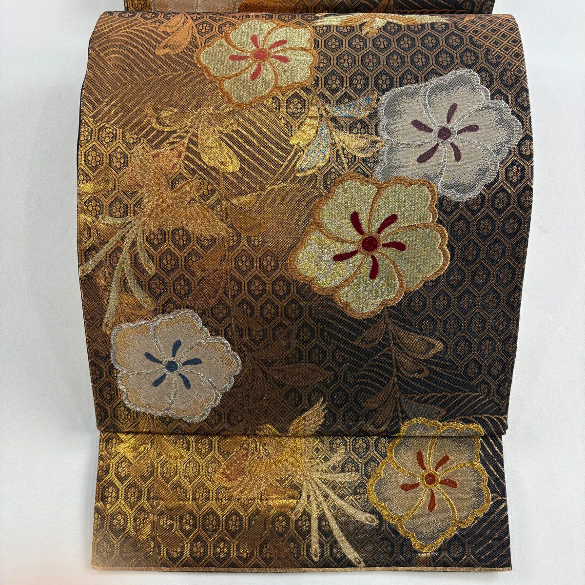【美品】 袋帶 秀品級 振袖禮服禮服用 垂枝櫻 鳳凰 金銀線 金金箔 金色 六通 純蠶絲