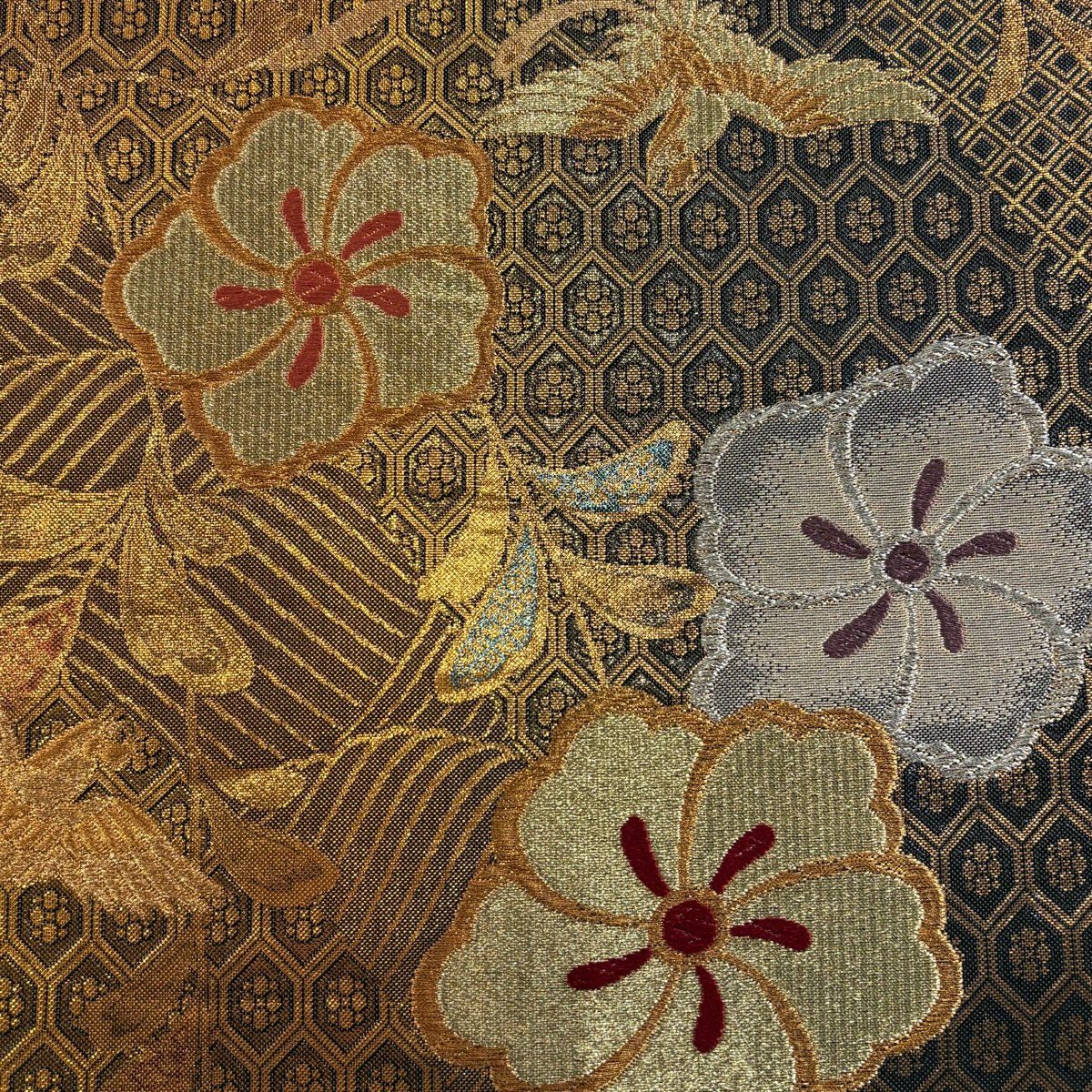 【美品】 袋帶 秀品級 振袖禮服禮服用 垂枝櫻 鳳凰 金銀線 金金箔 金色 六通 純蠶絲
