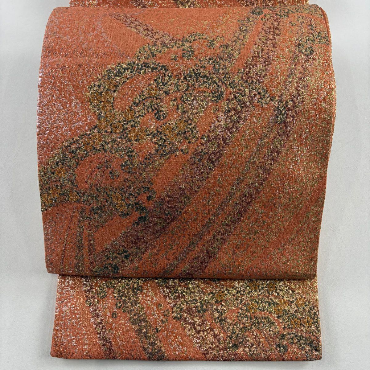【美品】 袋帶 秀品級 波頭 金金箔 橙色 全通 純蠶絲