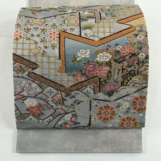 袋帶 名品級 關西仕立 御所車 屏風 刺繡 金金箔 灰 深藍柄 純蠶絲