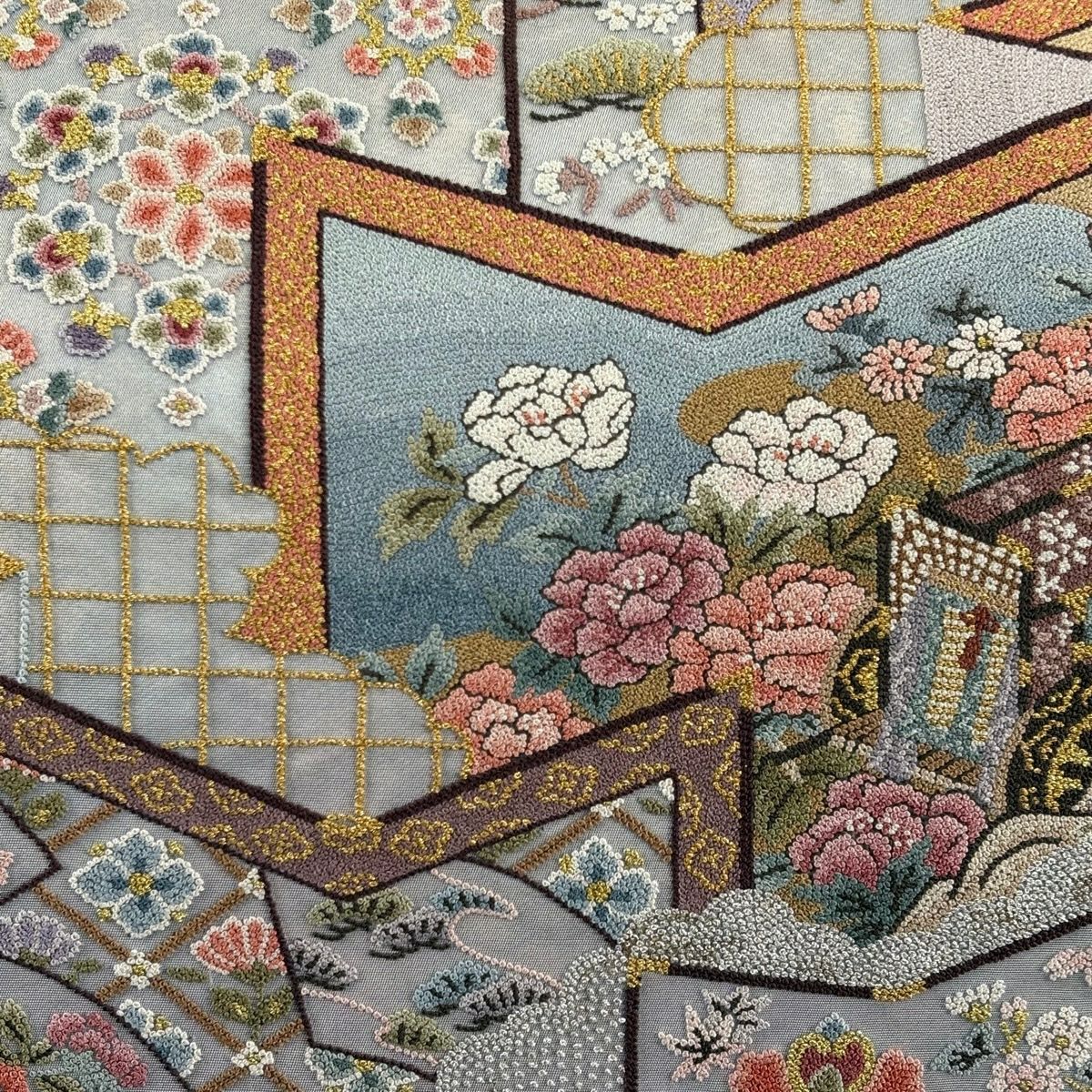 袋帶 名品級 關西仕立 御所車 屏風 刺繡 金金箔 灰 深藍柄 純蠶絲