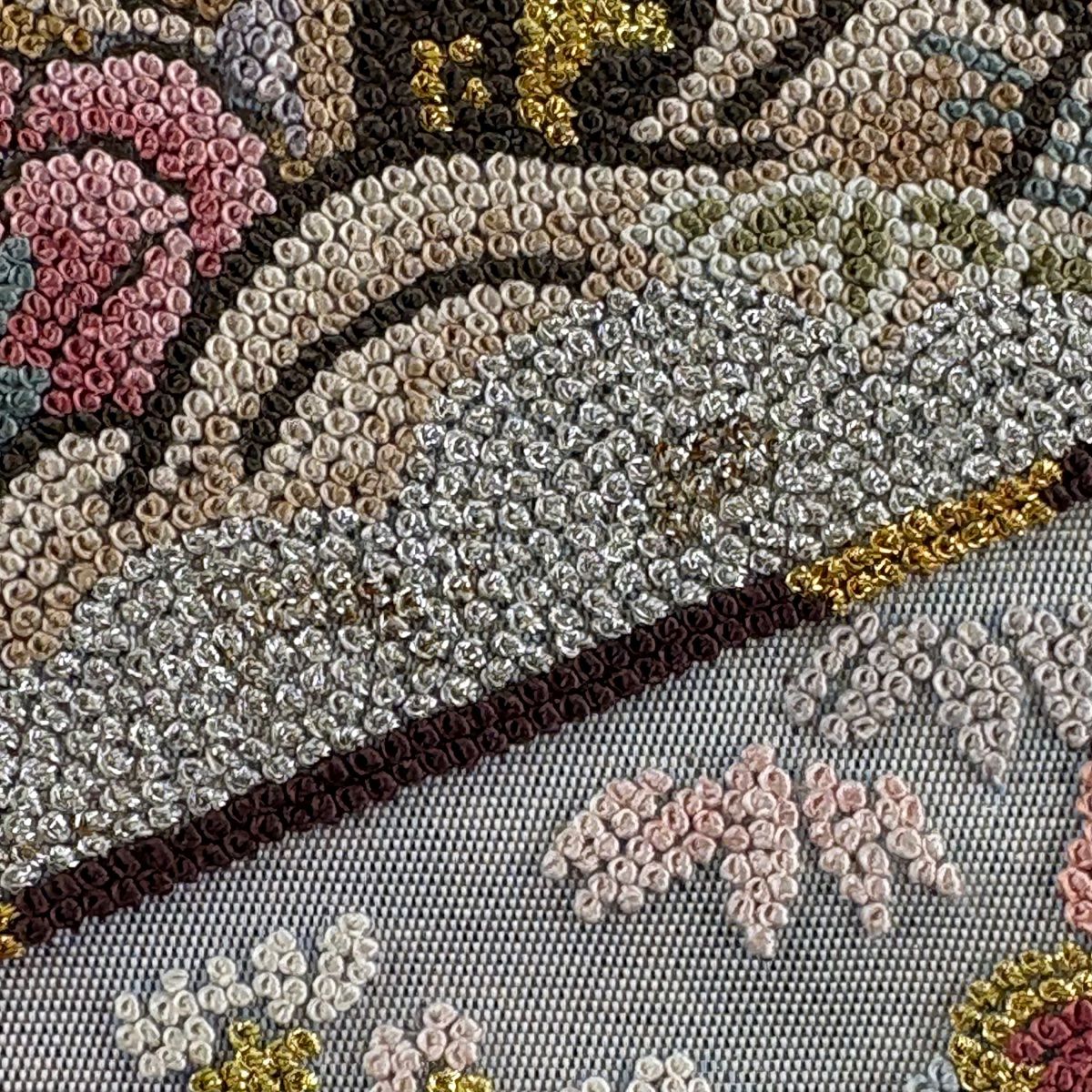 袋帶 名品級 關西仕立 御所車 屏風 刺繡 金金箔 灰 深藍柄 純蠶絲