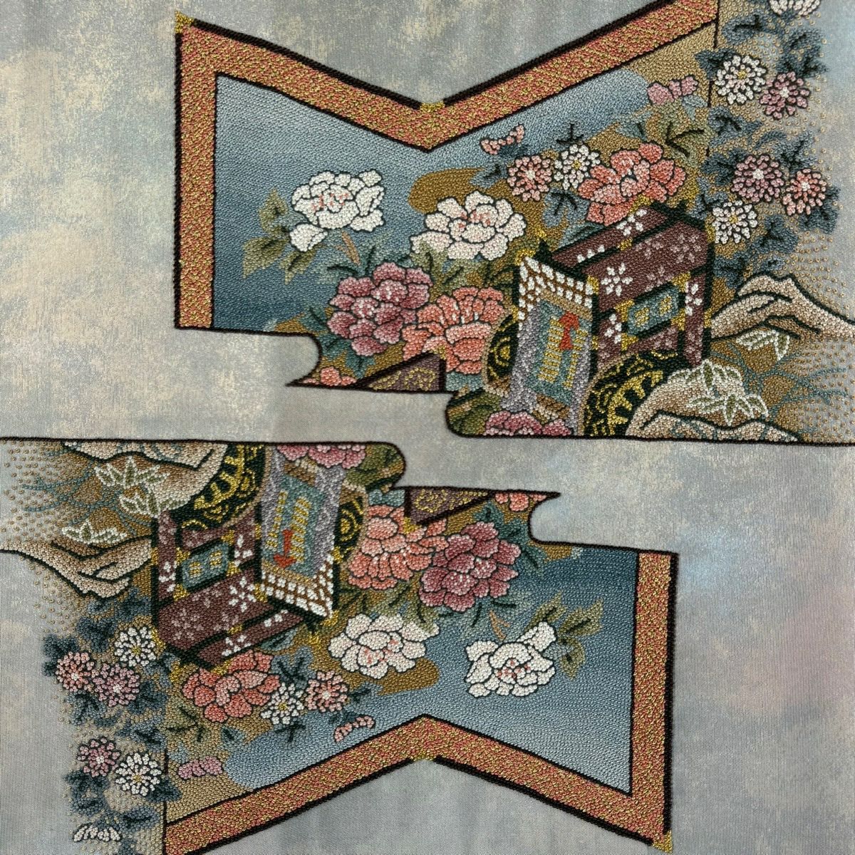 袋帶 名品級 關西仕立 御所車 屏風 刺繡 金金箔 灰 深藍柄 純蠶絲