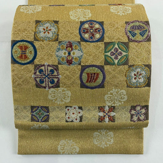【美品】 袋帶 名品級 大和 松樹梅花 七寶 金金箔 唐織 金色 六通 純蠶絲
