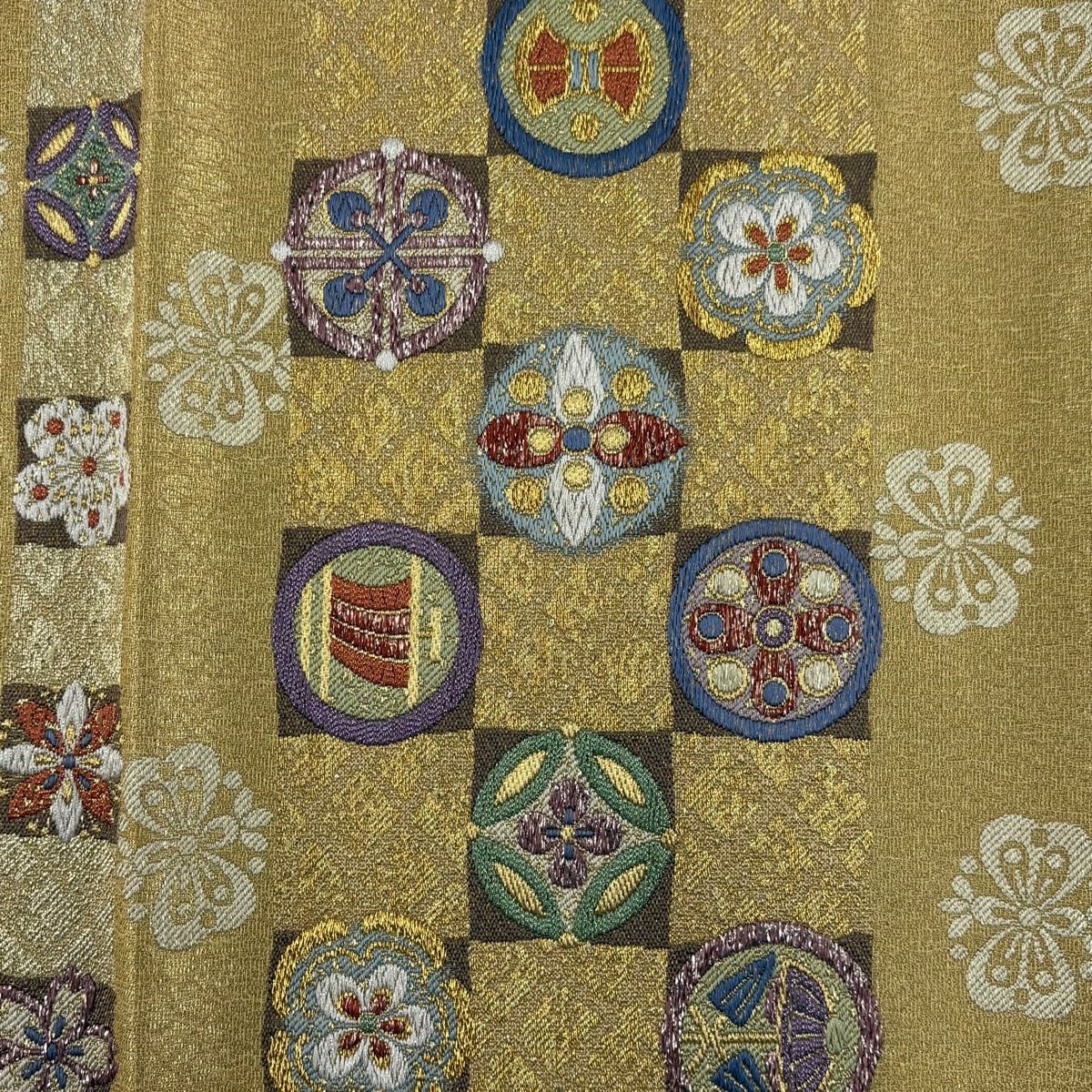 【美品】 袋帶 名品級 大和 松樹梅花 七寶 金金箔 唐織 金色 六通 純蠶絲