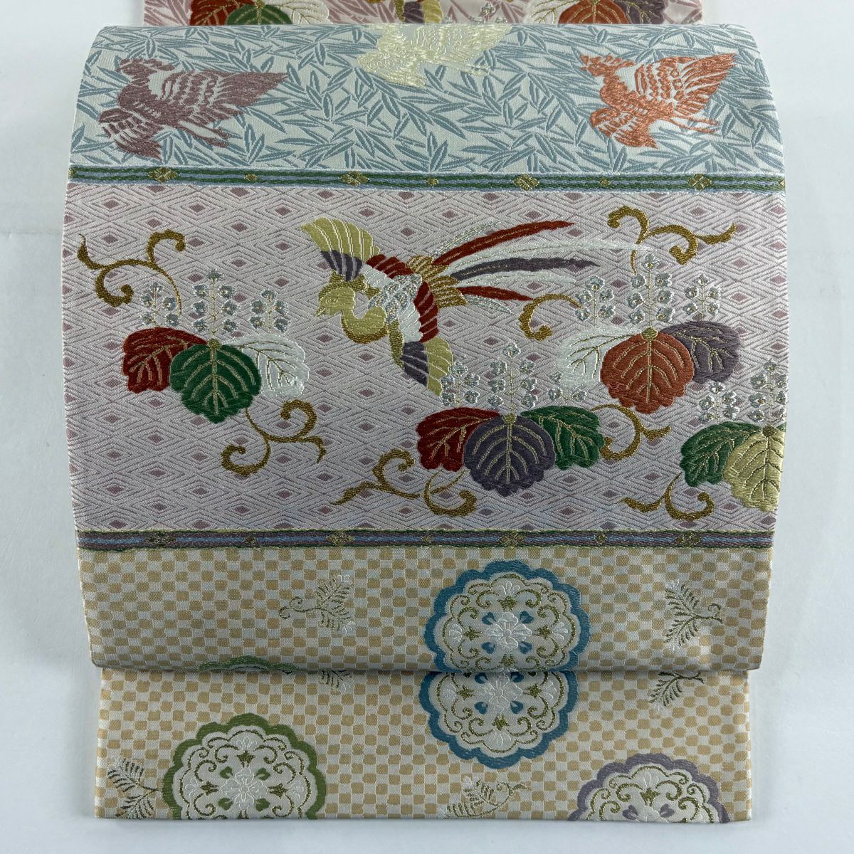【美品】 袋帶 名品級 花鳥 華紋 唐織 金金箔 青灰 六通 純蠶絲