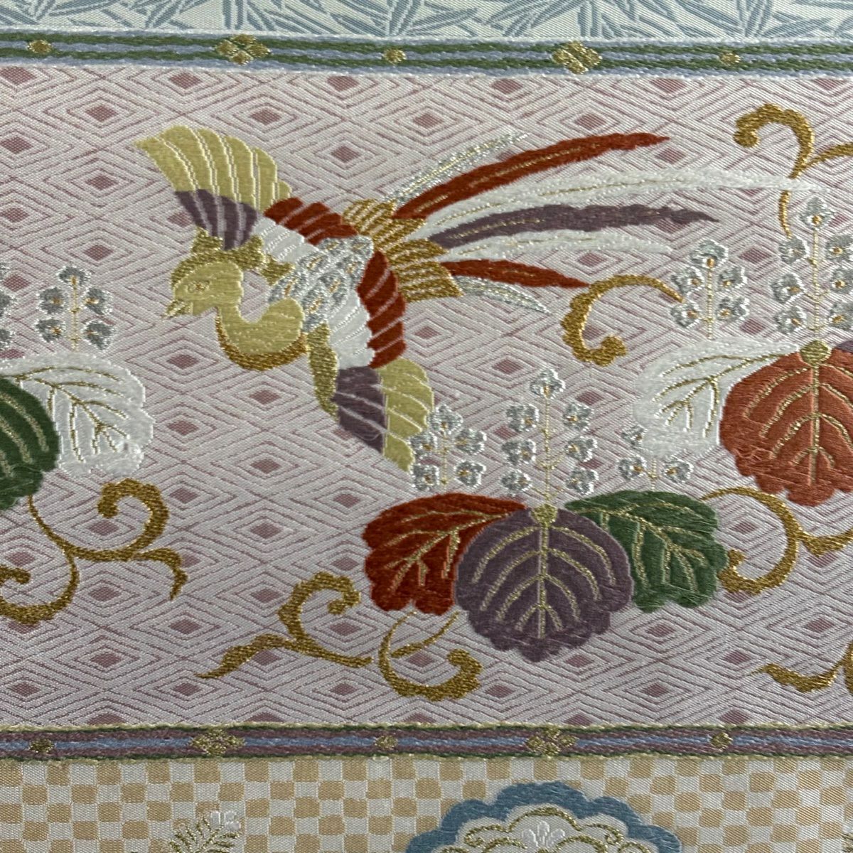 【美品】 袋帶 名品級 花鳥 華紋 唐織 金金箔 青灰 六通 純蠶絲