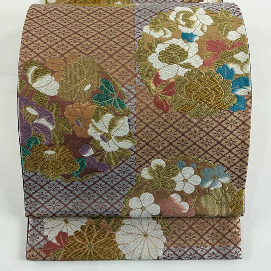 袋帶 秀品級 花丸紋 花菱 金絲 金金箔 小豆 深藍 六通 純蠶絲