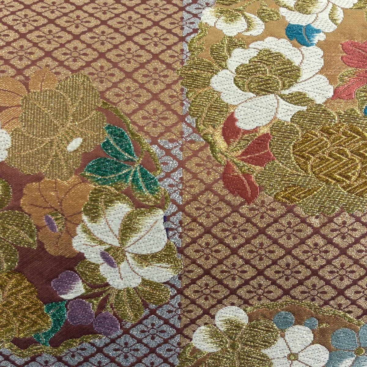 袋帶 秀品級 花丸紋 花菱 金絲 金金箔 小豆 深藍 六通 純蠶絲