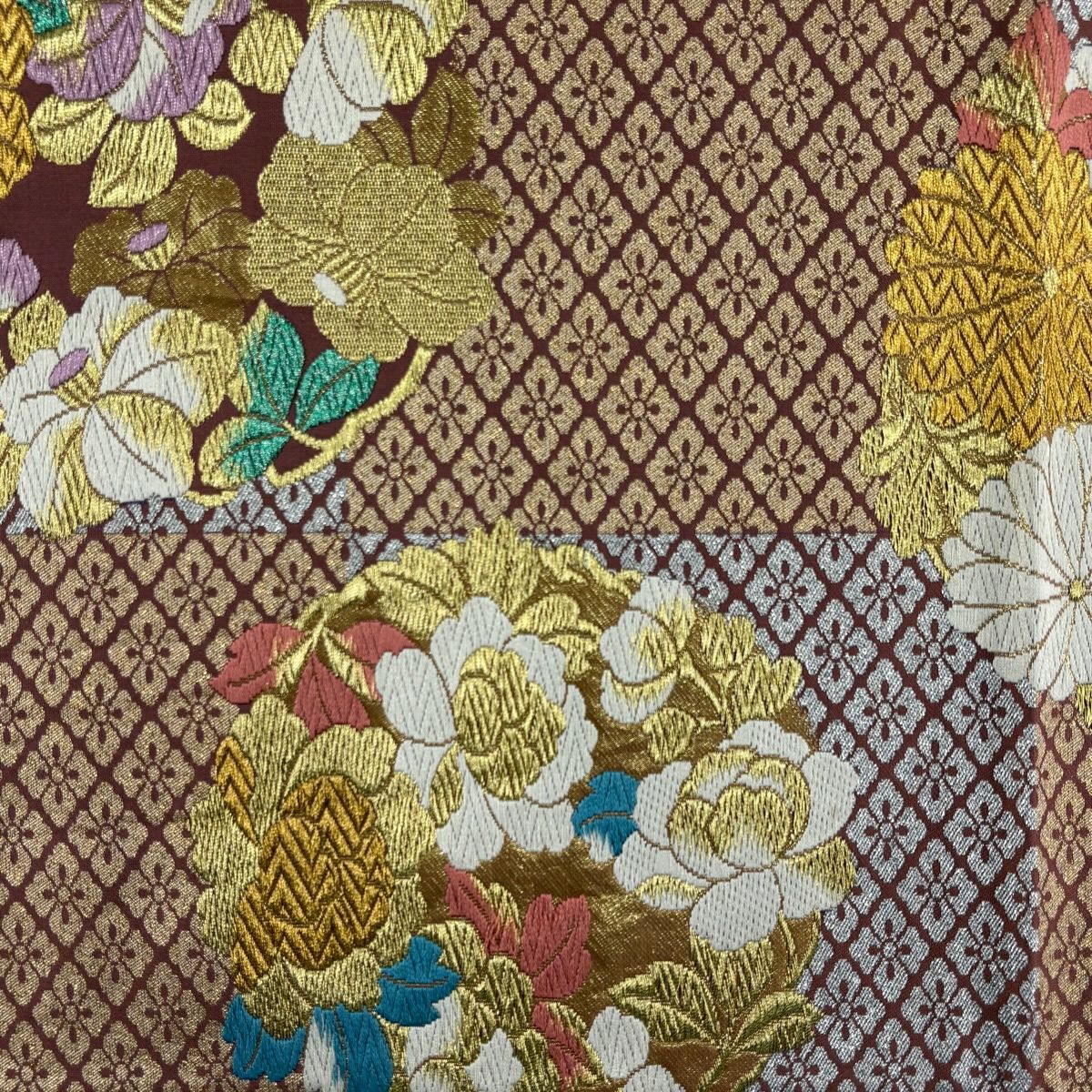 袋帶 秀品級 花丸紋 花菱 金絲 金金箔 小豆 深藍 六通 純蠶絲